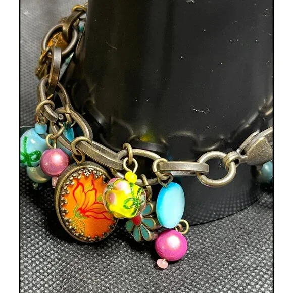 vtg Floral Chunky Antiqued-Bronze Bracelet Multicolor Glass Enamel Beads Charms - Picture 3 of 6